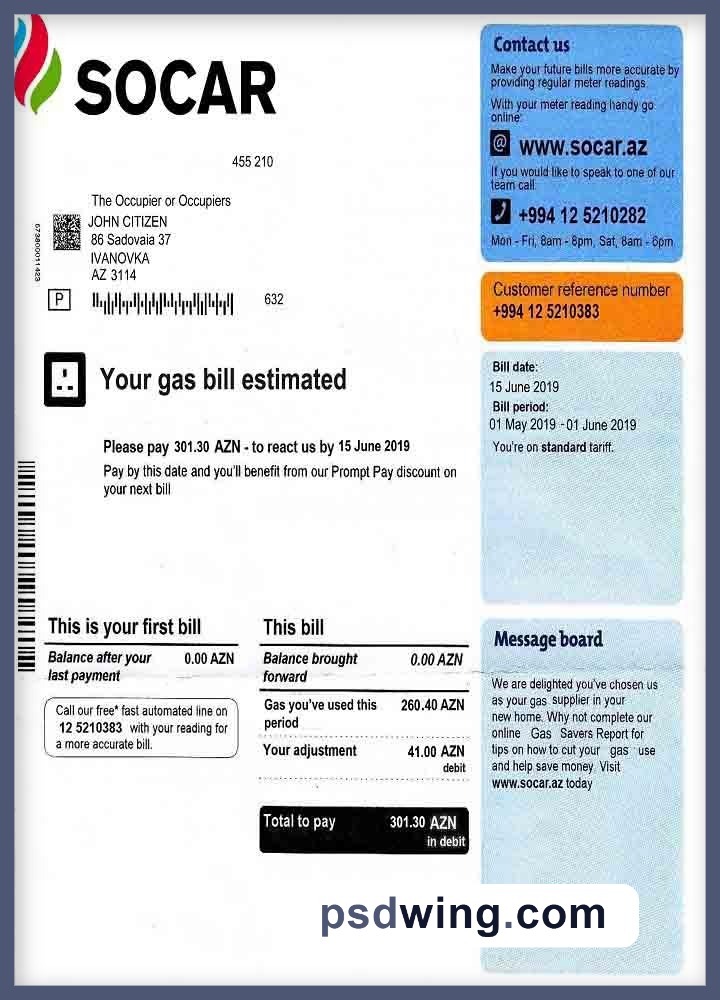 Azerbaijan Socar Gas Utility Bill